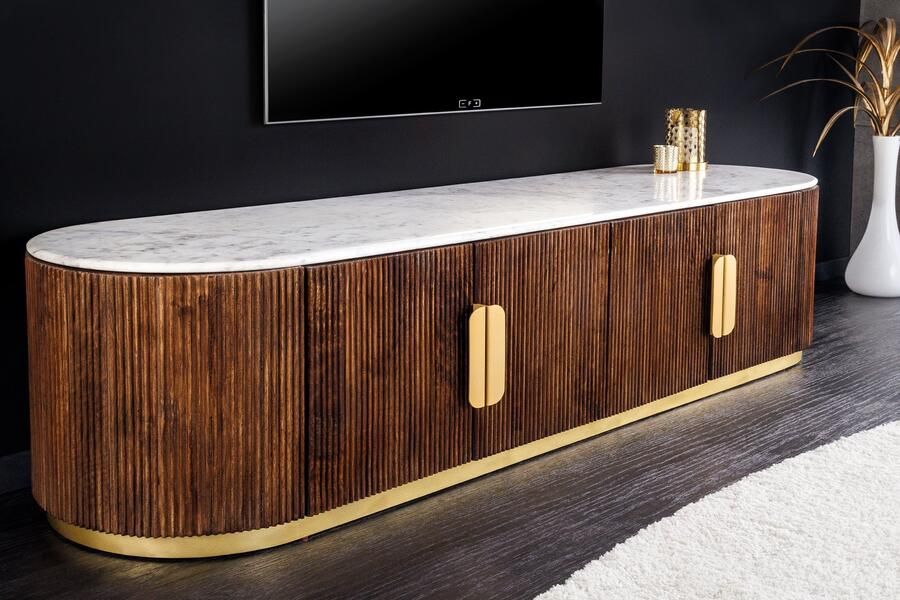 Invicta Interior Design TV-bord GATSBY 170 cm Bruin Goud Mangohout Wit Marmeren Blad Lowboard 45828