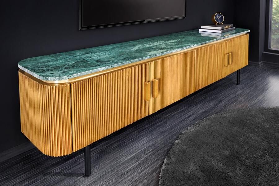 Invicta Interior Design TV-bord VENEZIANO 160 cm messing groen marmeren blad mangohout retro 44534