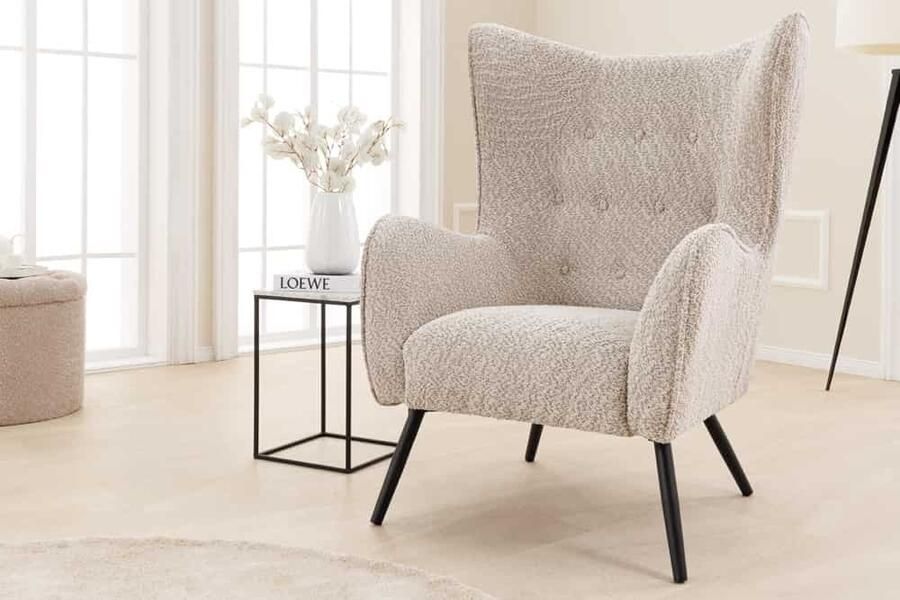 Invicta Interior Design XL fauteuil AMSTERDAM greige bouclé zwarte metalen poten retro stijl 44483