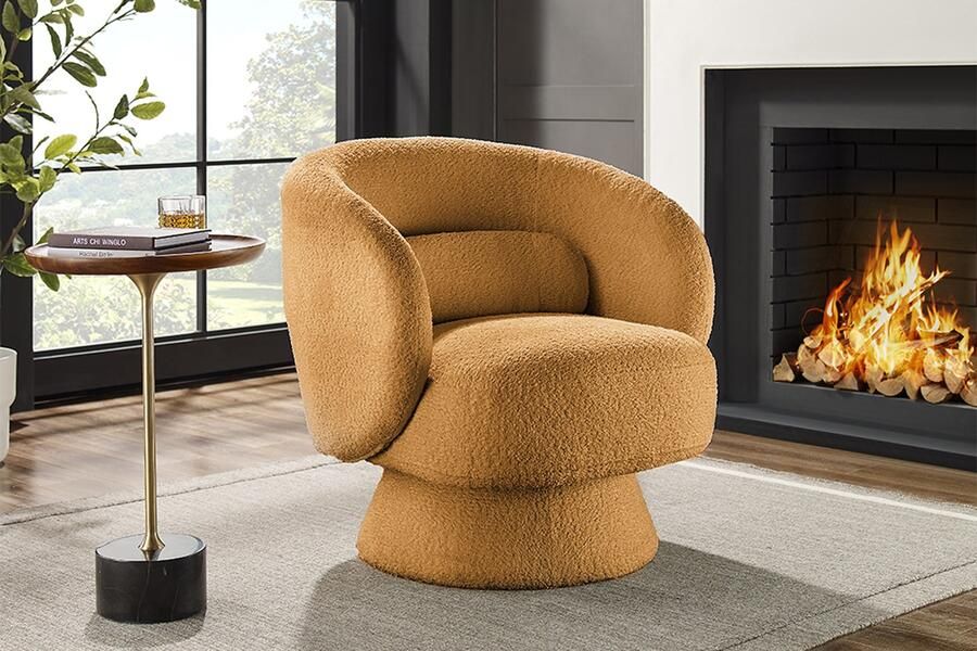 Invicta Interior Draaibare design fauteuil BOSSA NOVA 80cm mosterdgeel bouclé 45839