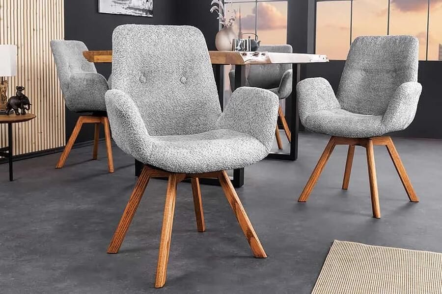 Invicta Interior Draaibare design stoel BALTIC grijs bouclé naturel eiken massief houten poten met armleuning 44200 - Foto 2