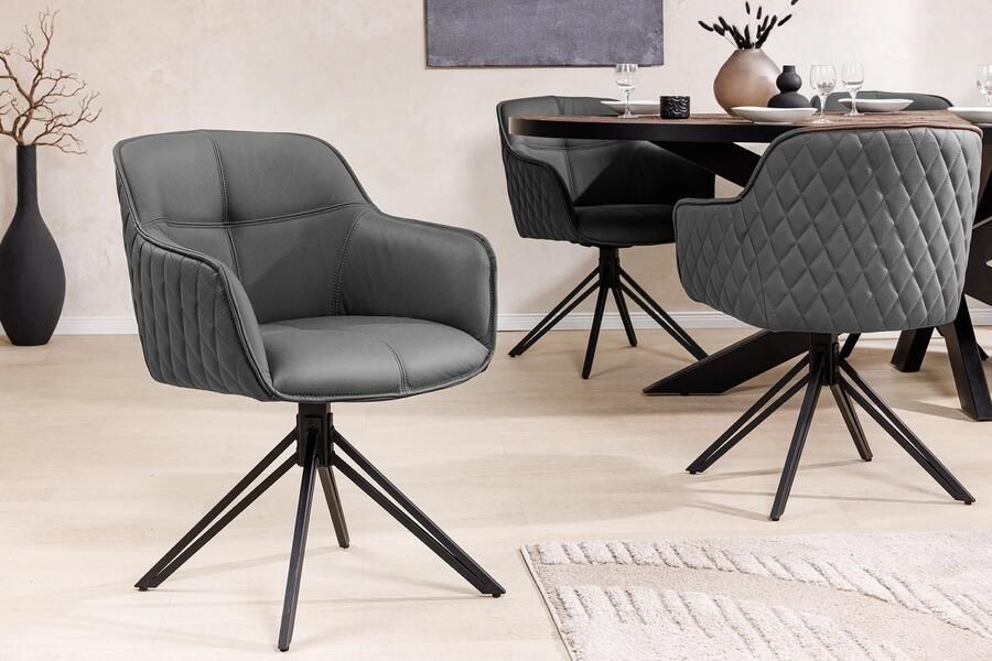 Invicta Interior Draaibare designstoel EUPHORIA Grijs echt leer zwart metalen frame met armleuning 45860 - Foto 2