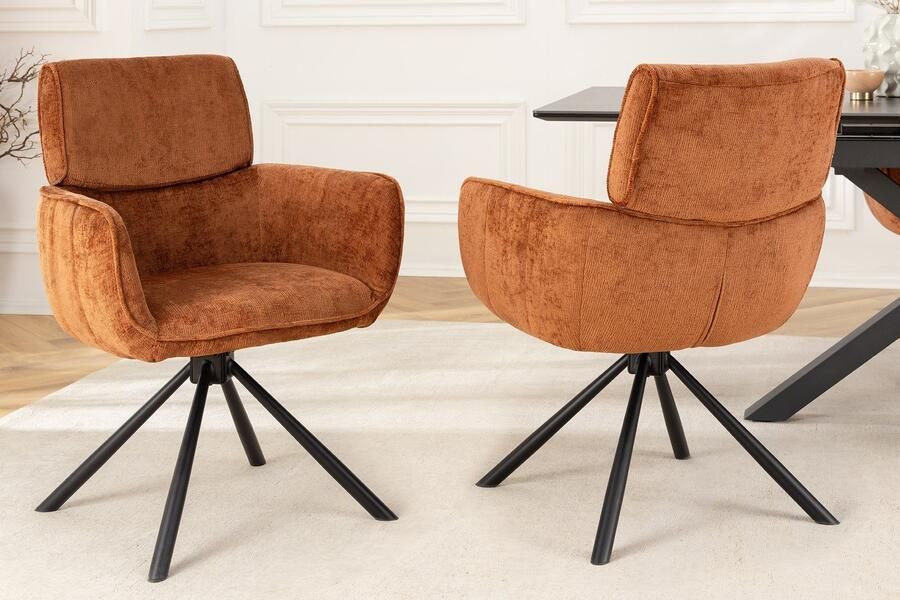 Invicta Interior Draaibare Retro Stoel UNIEK Roestbruin Chenille Zwart Metalen Poten met Armleuning 46319