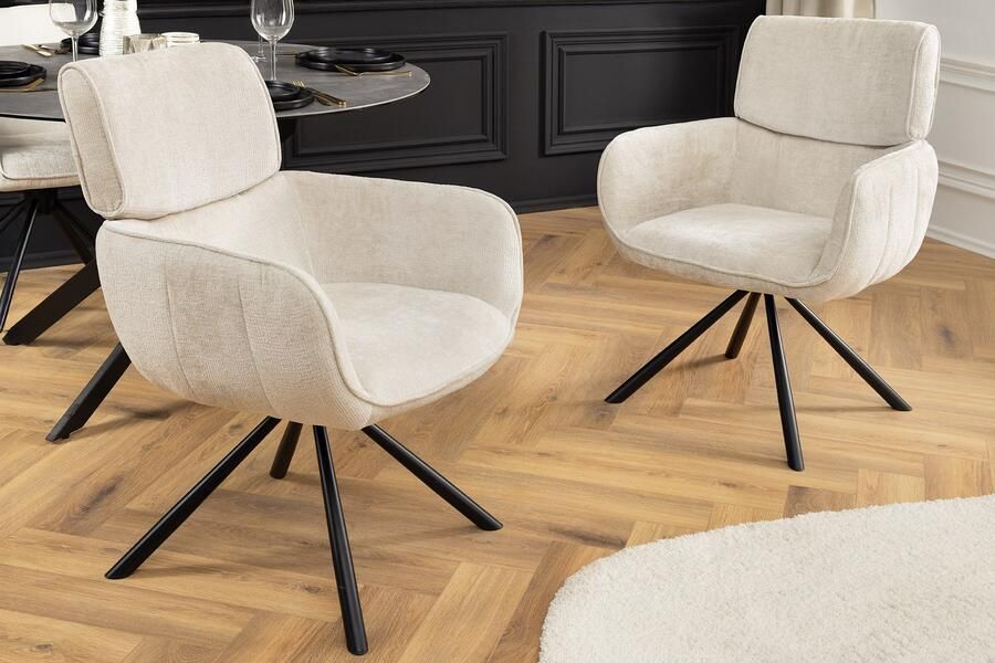 Invicta Interior Draaibare Retro Stoel UNIEKE champagne beige chenille metalen poten met armleuning 46322