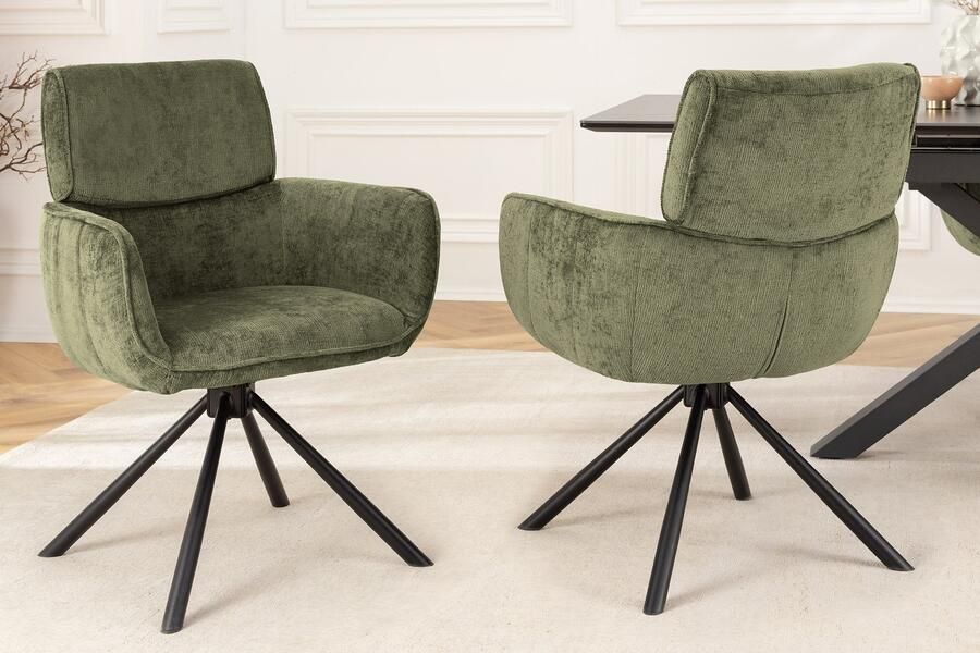 Invicta Interior Draaibare Retro Stoel UNIEKE Groene Chenille Zwarte Metalen Poten met Armleuning 46320