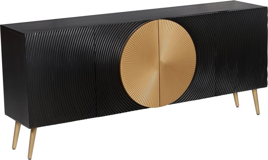 Invicta Interior Dressoir AURUM 180cm getextureerde voorzijde goudkleurige cirkelaccenten zwart mangohout goudkleurige metalen poten 49519