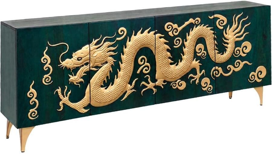 Invicta Interior Dressoir DRAGON 180cm 3D dragon front mangohout turquoise met goudkleurige details 49493