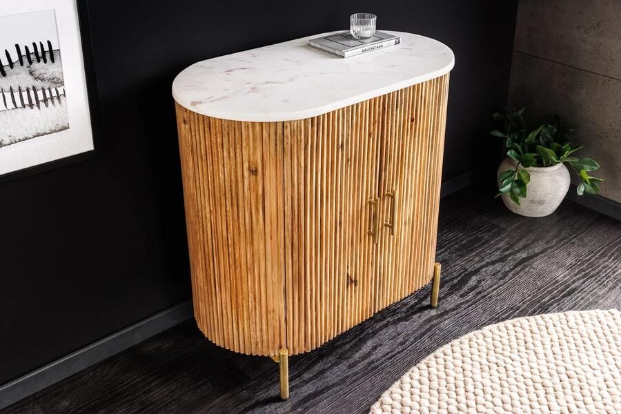 Invicta Interior Dressoir TRES CHIC 70cm mangohout naturel met wit marmeren blad en gouden handgrepen 45754