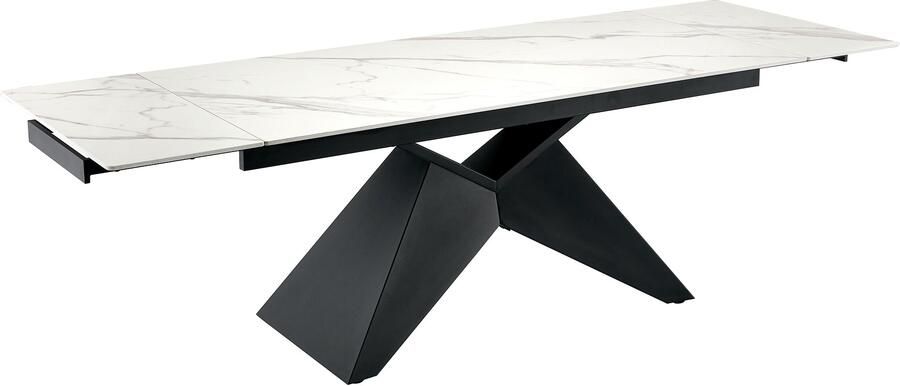 Invicta Interior Eettafel DIAMOND 180-260cm uitschuifbaar keramiek mat wit marmerlook met geometrisch zwart onderstel 49271