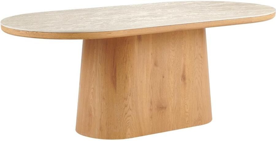 Invicta Interior Eettafel UNIQUE 200cm ovaal eikenhout fineer met travertine blad en voetstuk 70030
