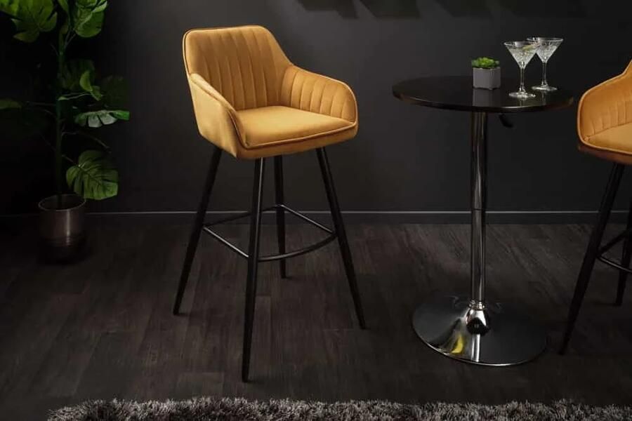 Invicta Interior Elegante barkruk TURIN mosterdgeel fluweel met decoratieve doorgestikte barstoel met armleuning 40437