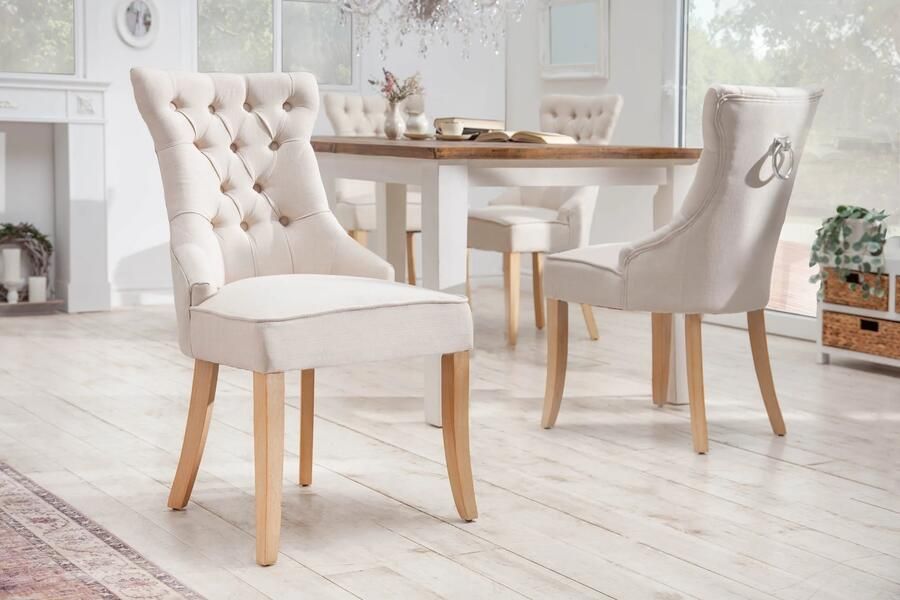 Invicta Interior Elegante stoel CASTLE beige linnen stof landelijke stijl met comfort handvat 40467