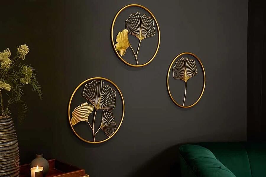 Invicta Interior Elegante wanddecoratie set van 3 GINKGO 40cm goud in filigrane bladvorm 41273