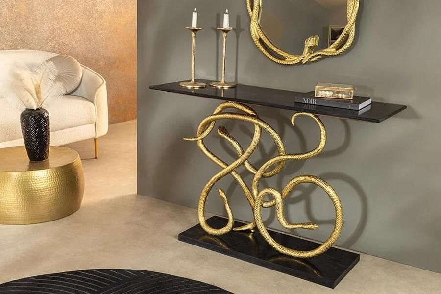 Invicta Interior Extravagante consoletafel WILDLIFE SNAKE 115 cm zwart goud marmeren slangensculptuur 45030
