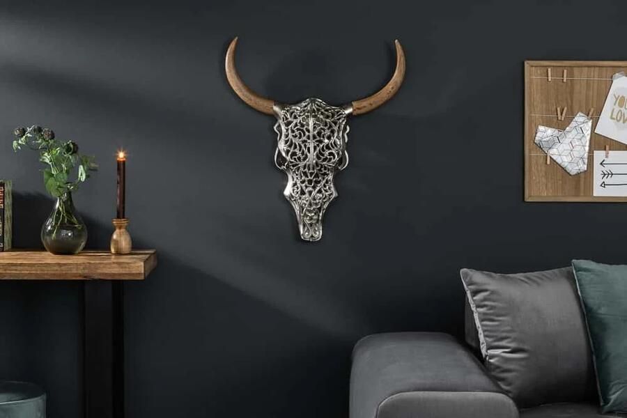 Invicta Interior Extravagante wanddecoratie EXOTIC BULL 57cm zilveren mangohouten stierenkop 39091