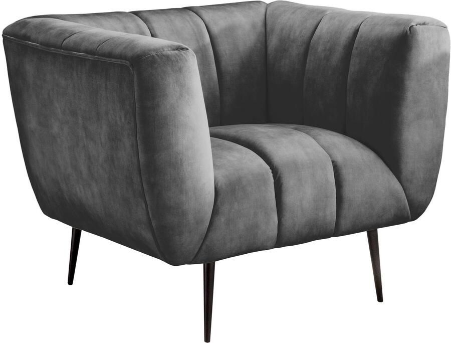 Invicta Interior Retro fauteuil NOBLESSE 105cm grijs fluweel zwart metalen poten lente kern decoratief stiksel 44540