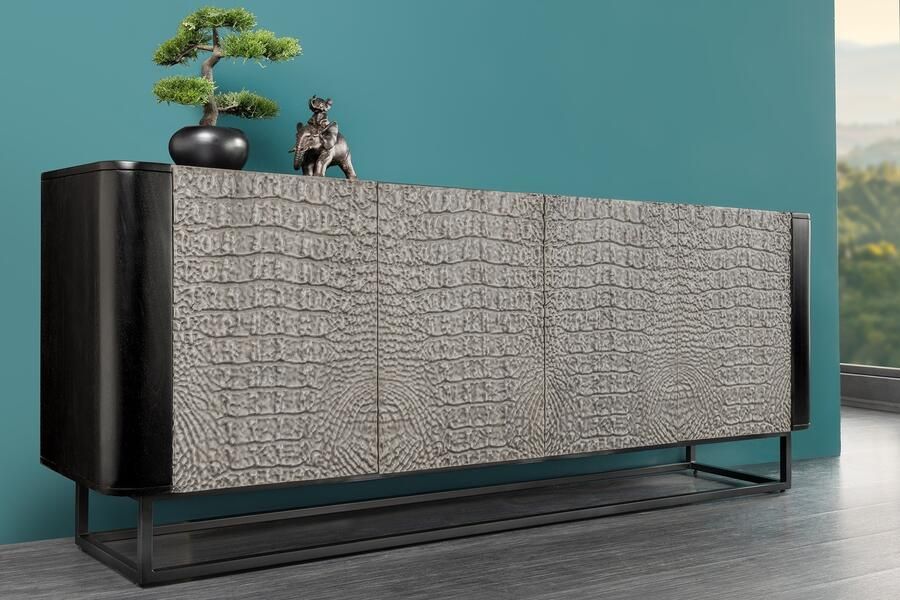 Invicta Interior Handgemaakt dressoir CROCO 180 cm grijs zwart mangohout met 3D-houtsnijwerk massief metaal 44647