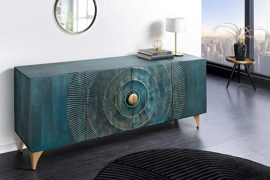 Invicta Interior Handgemaakt dressoir GOLDEN SUNSET 180cm turquoise goud mangohout metalen poten 45643