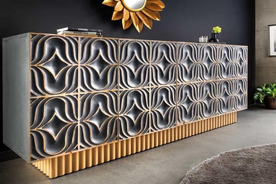 Invicta Interior Handgemaakt dressoir PIAZZA SAN MARCO 180 cm grijsgoud massief mangohout 3D-ontwerp 44319