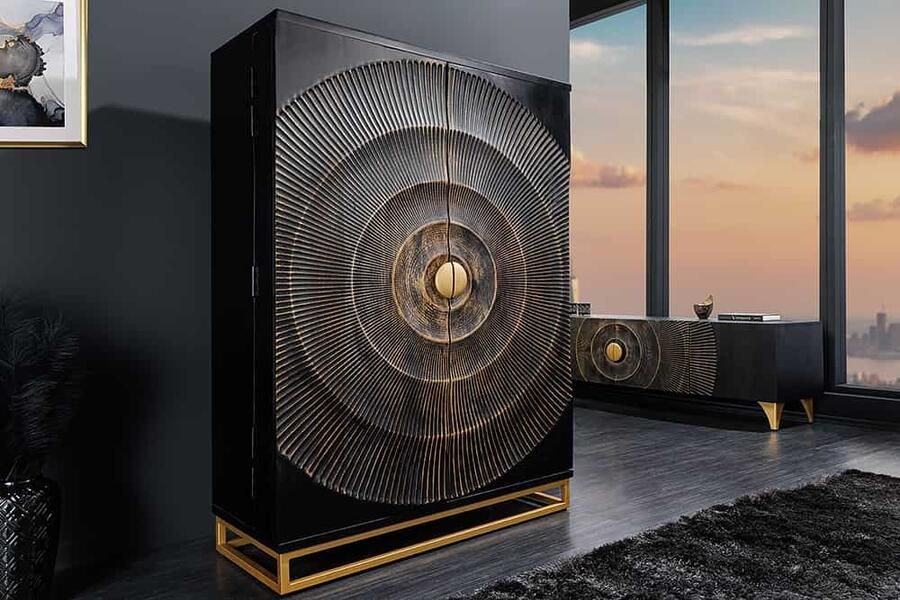 Invicta Interior Handgemaakte barkast GOLDEN SUNSET 140cm zwart goud massief mangohout 44252