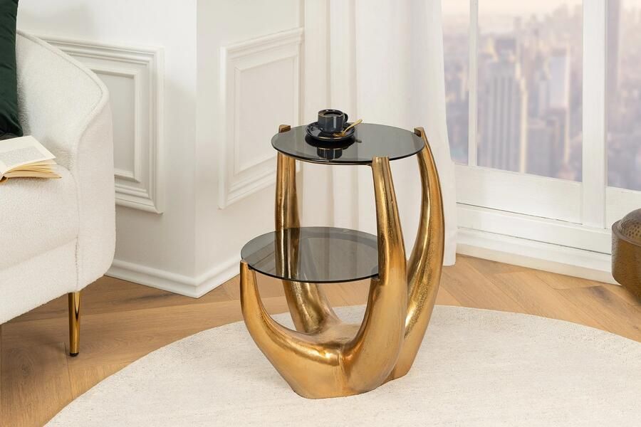 Invicta Interior Handgemaakte bijzettafel LEVELS 50cm goud antiek zwart glas zwart metaal 44858 - Foto 2
