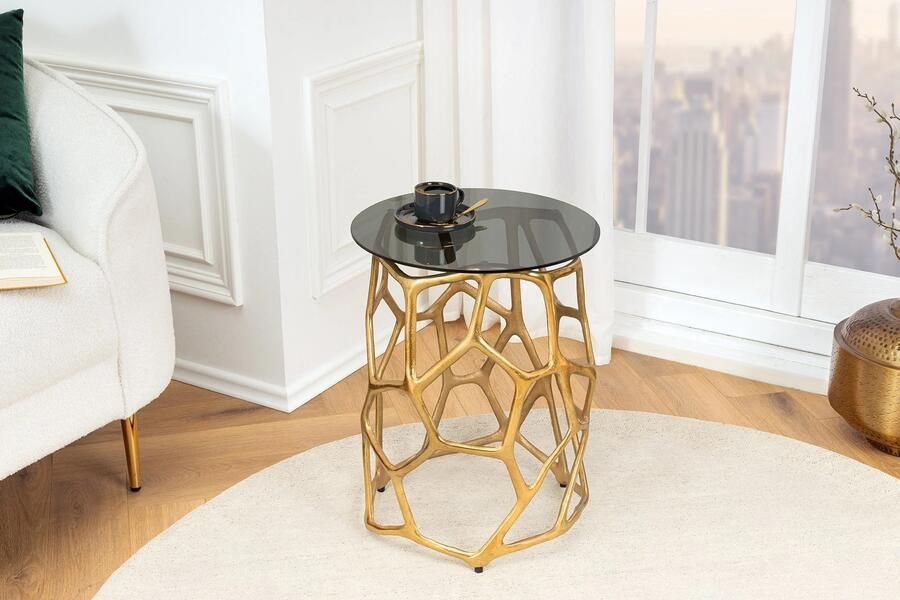Invicta Interior Handgemaakte bijzettafel LIQUID GEOMETRY 50cm goud rond metaal zwart glas 44857 - Foto 2