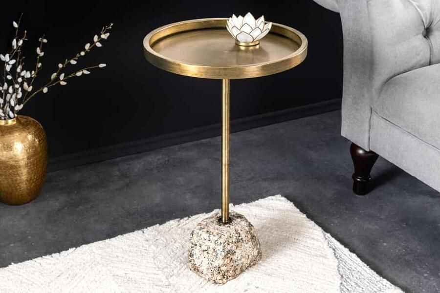 Invicta Interior Handgemaakte Bijzettafel TRAYFUL 60cm Antiek Messing Natuurlijk IJzeren Marmeren Voet 44847