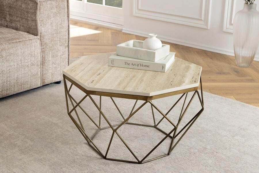 Invicta Interior Handgemaakte salontafel DIAMOND 70cm beige travertijn messing ijzer 45204 - Foto 2