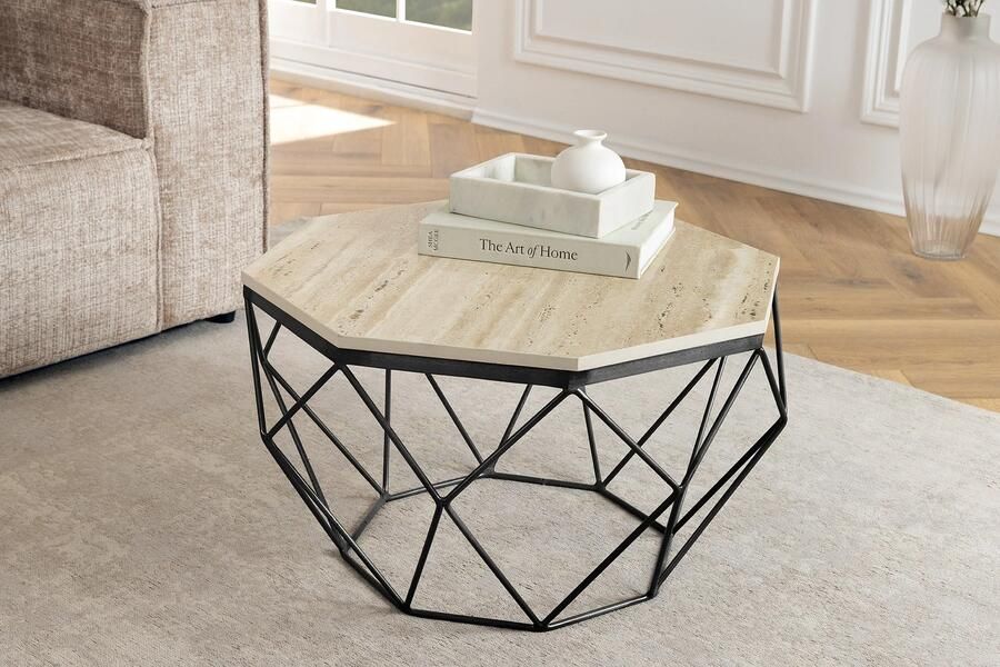 Invicta Interior Handgemaakte salontafel DIAMOND 70cm beige travertijn zwart ijzer 45205 - Foto 2