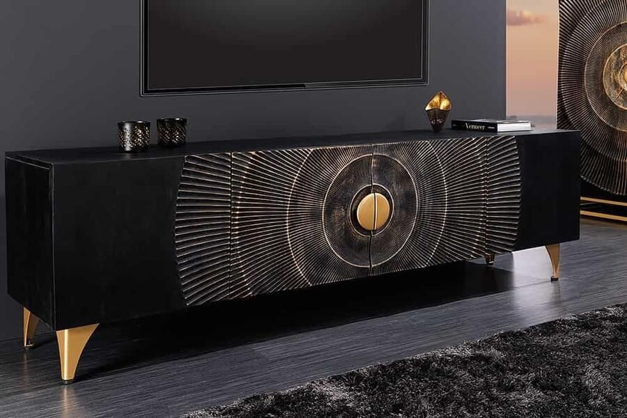 Invicta Interior Handgemaakte TV lowboard GOLDEN SUNSET 180cm zwart met 3D houtsnijwerk goud mango hout massief metalen poten 44303