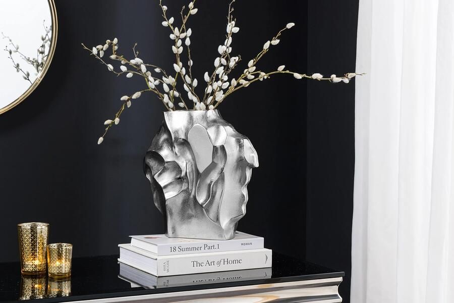 Invicta Interior Handgemaakte vaas LIQUID 25cm zilver metaal gehamerd design 44879