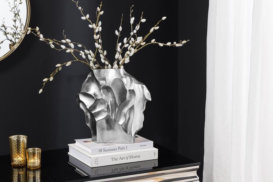 Invicta Interior Handgemaakte vaas LIQUID 30cm zilver metaal gehamerd design 44877