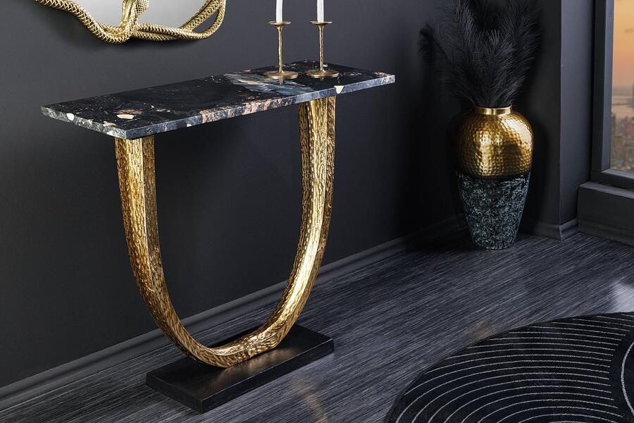 Invicta Interior Handgemaakte wandtafel OMEGA 80cm zwart marmer goud metaal 44851