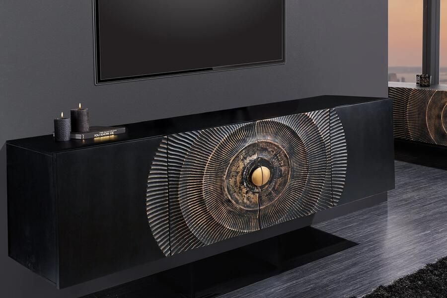 Invicta Interior Hangend dressoir GOLDEN SUNSET 180cm zwart met 3D houtsnijwerk goud massief mango hout handgemaakt 44525