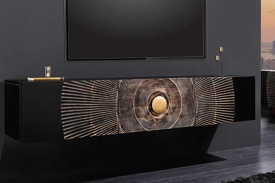 Invicta Interior Hangende TV lowboard GOLDEN SUNSET 160cm mangohout zwart met 3D houtsnijwerk goud handgemaakt 44250