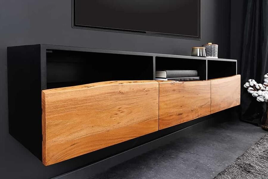 Invicta Interior Hangende TV lowboard ORGANIC ARTWORK 140cm antraciet acacia massief houten boomrand 44057