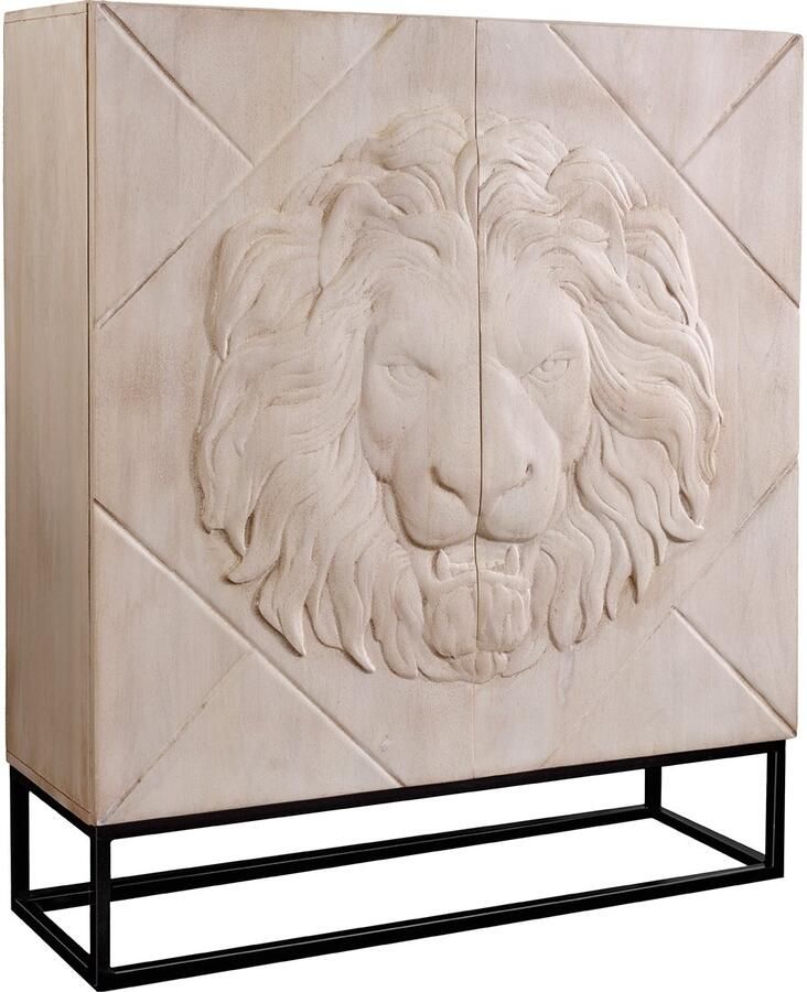 Invicta Interior Highboard LION 120cm 3D leeuwfront mango hout crème met zwart metalen frame 49500