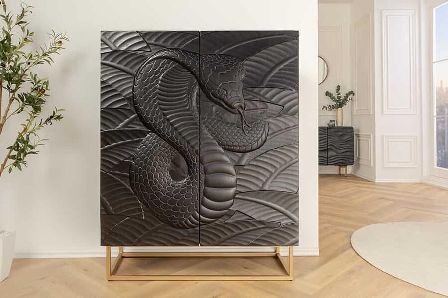Invicta Interior Massief highboard SNAKE 120 cm zwartgoud mangohouten slangendessin met uitgebreid 3D-houtsnijwerk 45633