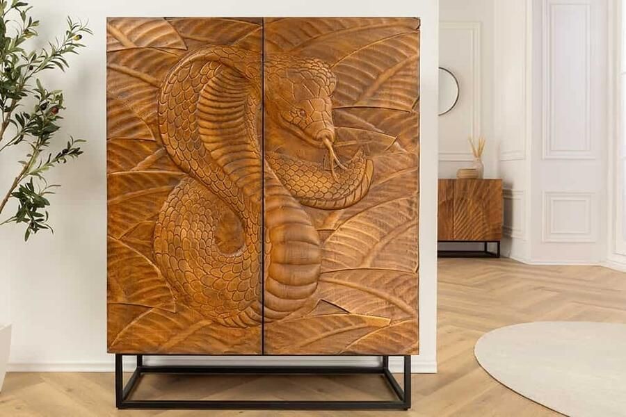 Invicta Interior Massief Highboard SNAKE 120cm Bruin Zwart Mango Hout Slang Ontwerp met Uitgebreide 3D Gravures 45634