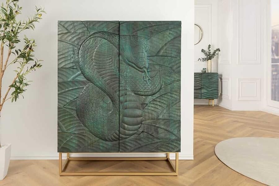 Invicta Interior Massief highboard SNAKE 120 cm turkoois goudkleurig mangohouten slangendessin met uitgebreid 3D-houtsnijwerk 45303