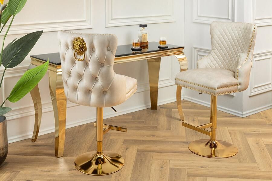 Invicta Interior In hoogte verstelbare barkruk CASTLE DELUXE beige fluweel goud roestvrij staal met leeuwenkop 46149