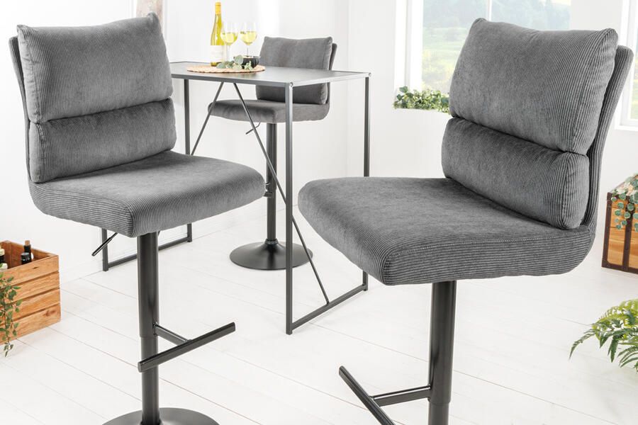 Invicta Interior In hoogte verstelbare barkruk COMFORT grijs corduroy draaibaar met rugleuning metaal zwart 43653 - Foto 2