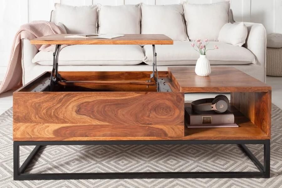 Invicta Interior In hoogte verstelbare salontafel MAKASSAR FUNCTION 110cm massief sheeshamhout met opbergruimte metaal 40299 - Foto 2