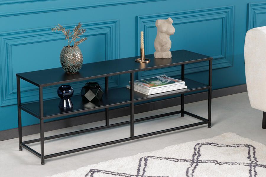 Invicta Interior industrieele consoletafel DURA STEEL 120cm zwart metalen tv-plank met twee planken 41732