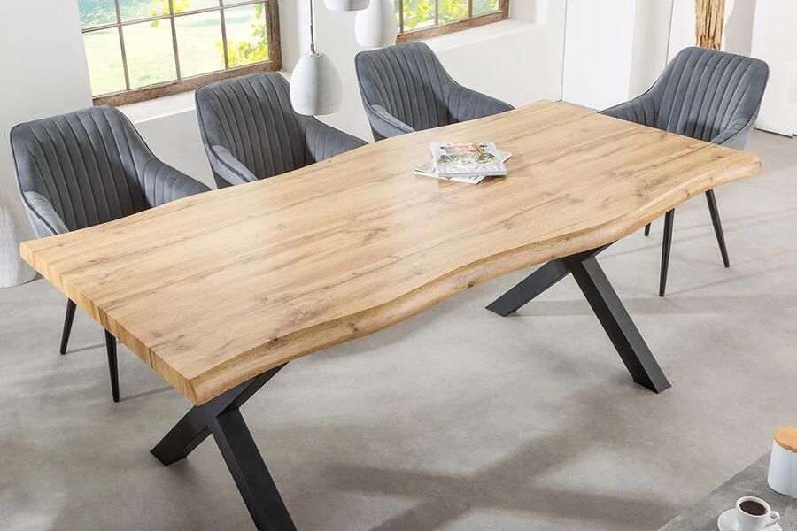 Invicta Interior Industriële eettafel WILD 160cm bruin wild eiken design boomrand zwart X-poot 45082