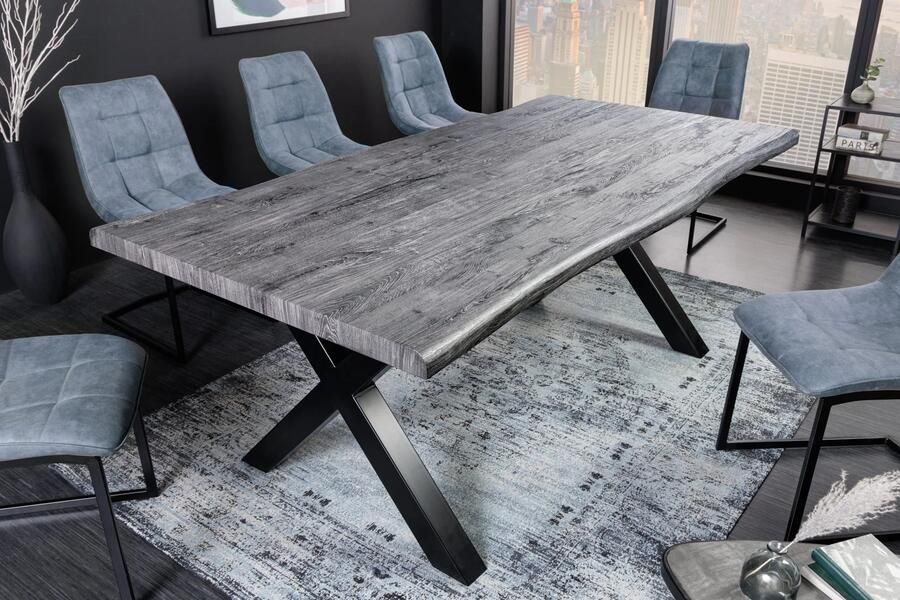 Invicta Interior Industriële eettafel WILD 180cm Grijs Gelimd Wild Eiken Design Boomrand Zwart X-Frame 45086