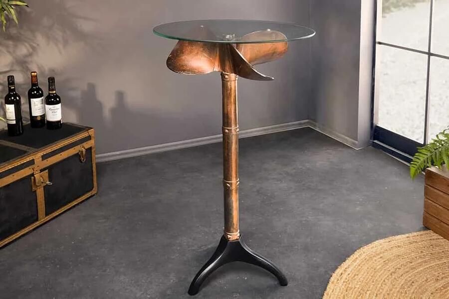 Invicta Interior Maritieme bartafel OCEAN 105cm koper gevlamd zwart metalen voet glazen blad rond 6043955
