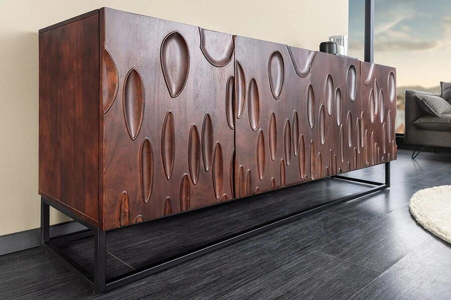 Invicta Interior Massief dressoir DUNE 175cm walnootbruin acaciahout 3D design zwart metaal 45596