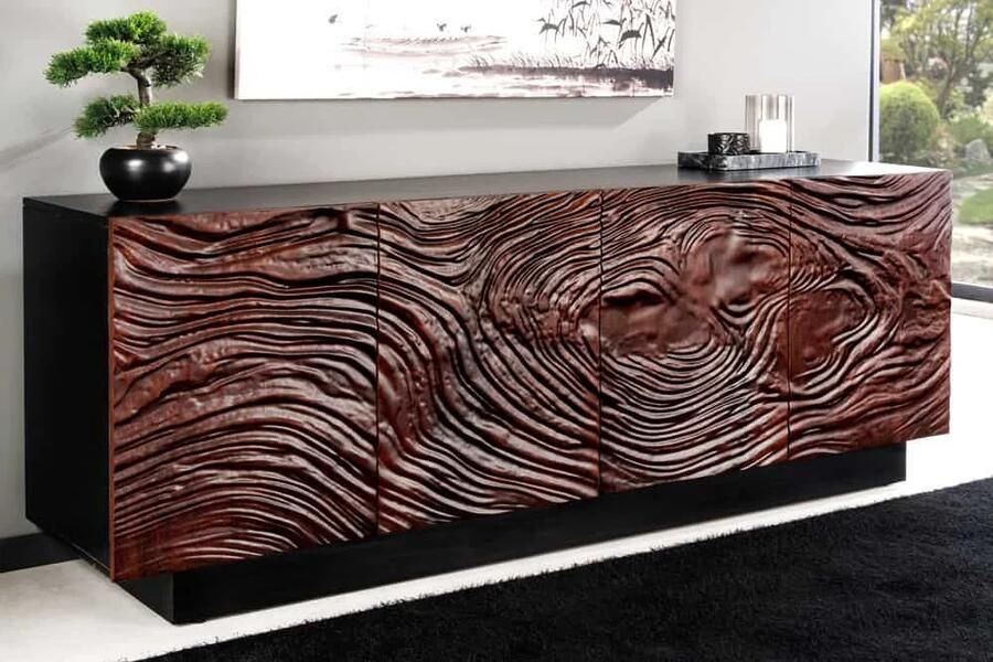 Invicta Interior Massief dressoir FLUID 175cm Walnoot Bruin Acaciahout 3D Design Zwart Onderstel 45599