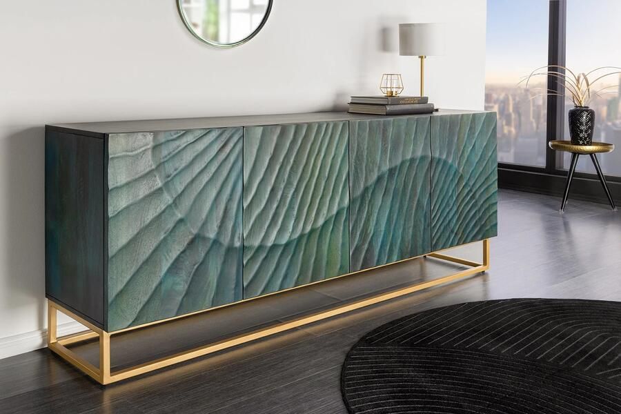 Invicta Interior Massief dressoir SCORPION 180cm turquoise mangohout goud metaal 3D houtsnijwerk 45644